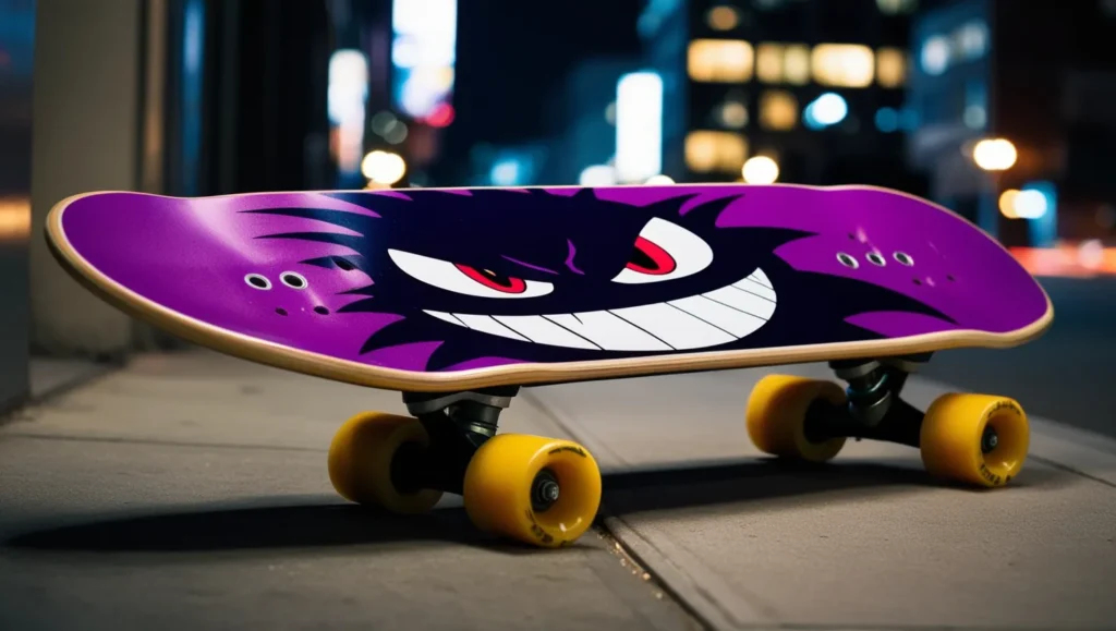 Gengar cruiser skateboard with a dark purple design featuring Gengar’s menacing smile, placed on a city sidewalk at night with faint city lights in the background.