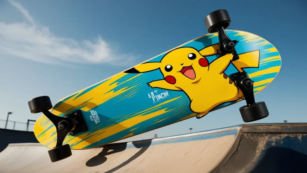 Pikachu-themed skateboard by Primitive Skateboarding, featuring Pikachu in an action pose on a yellow 8.0-inch deck, placed on a skatepark ramp.