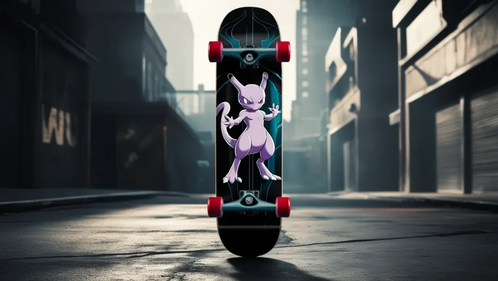 Mewtwo-themed skateboard by Blind Skateboards, featuring a dark, sleek design of Mewtwo, standing on a gritty urban street with shadowy effects.