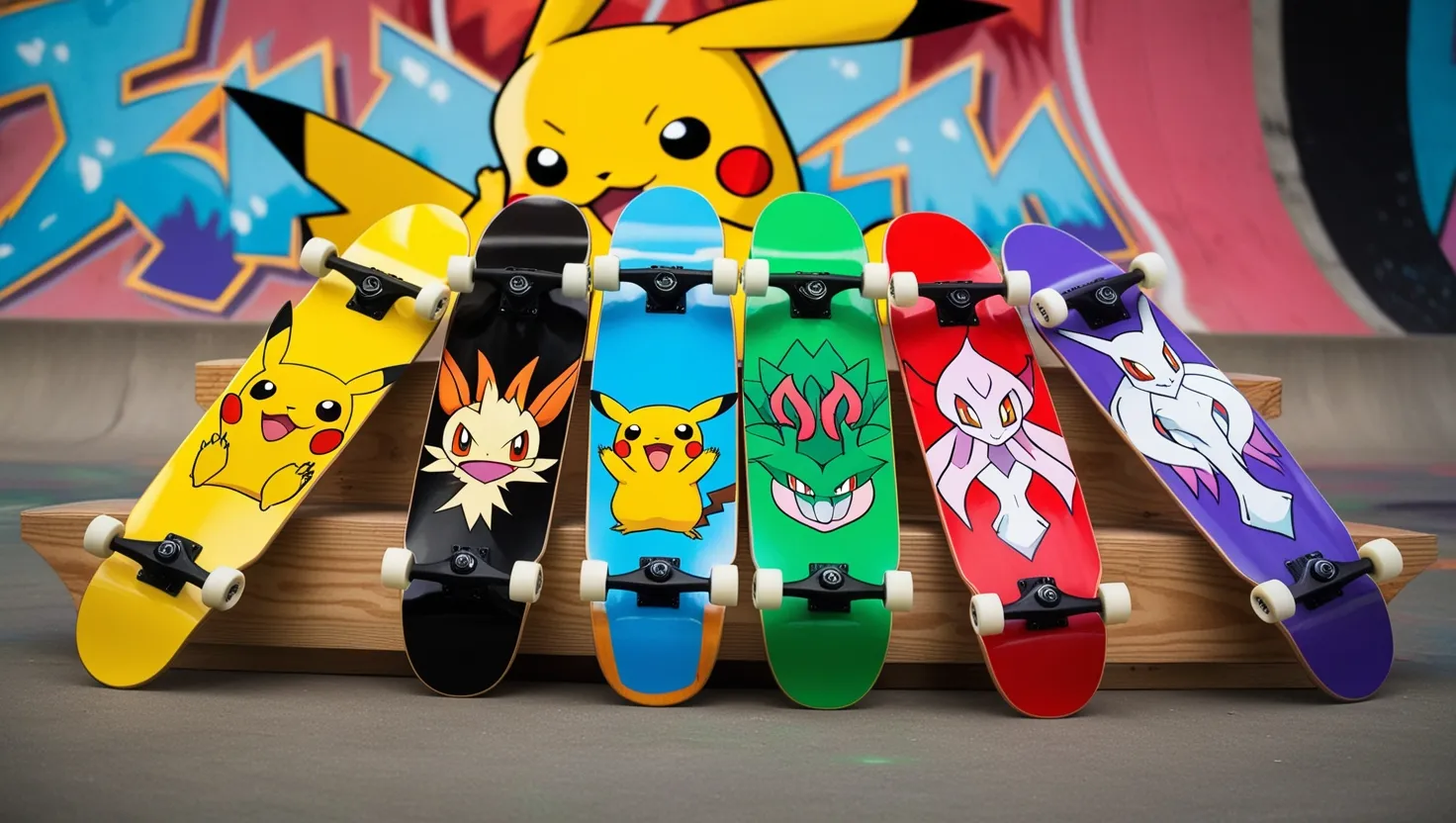 Five Pokémon-themed skateboards featuring designs of Pikachu, Charizard, Gengar, Eevee’s evolutions, and Mewtwo, displayed in a colorful skatepark setting.