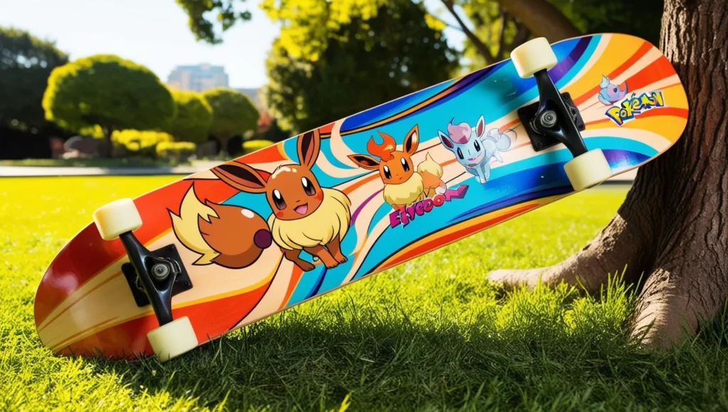 Eevee Evolution skateboard deck by Creature, displaying colorful graphics of Eevee and its evolutions in a sunny park setting, leaning against a tree.